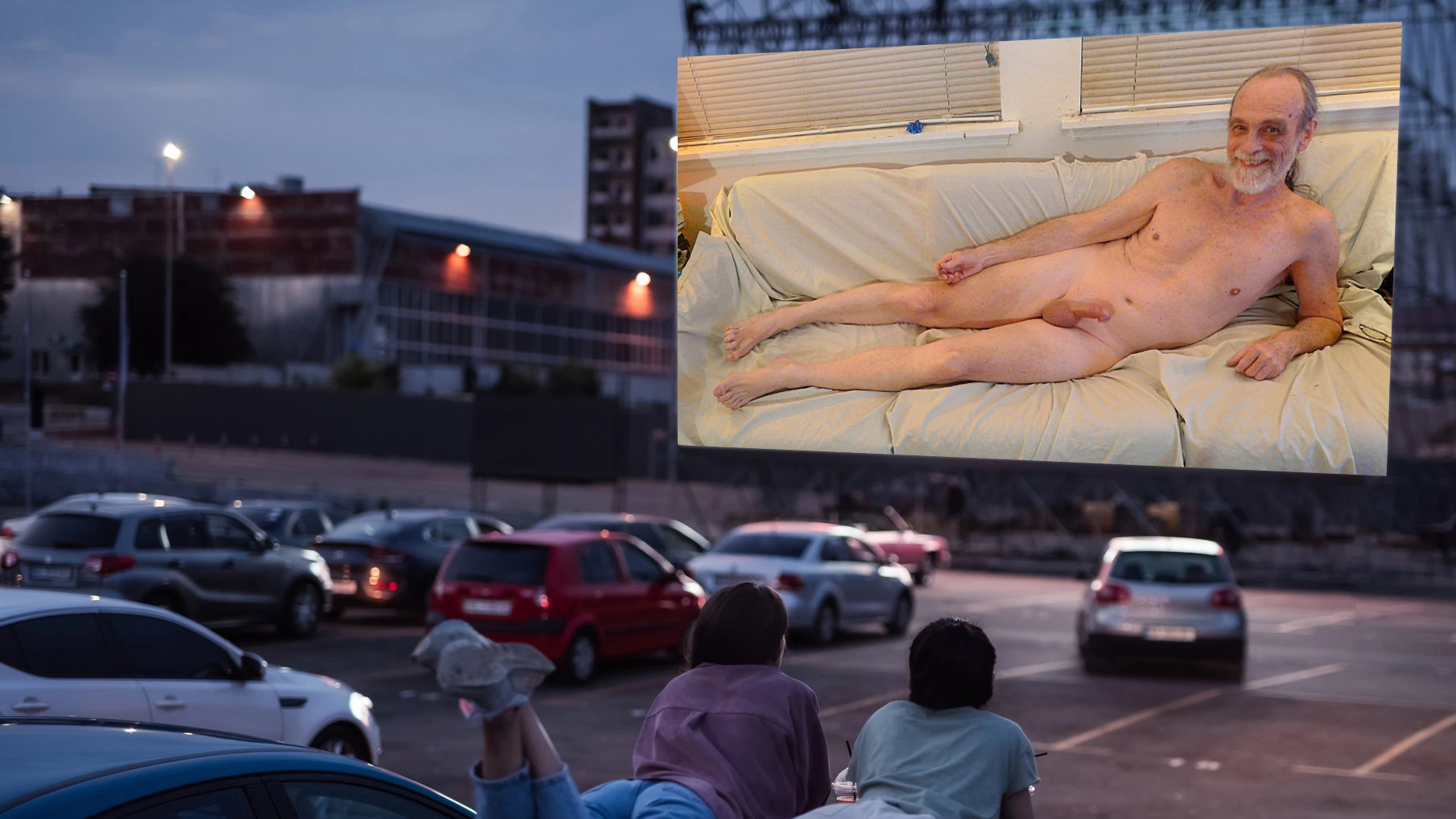 Displayed on the couch with a big erection at the drive-in